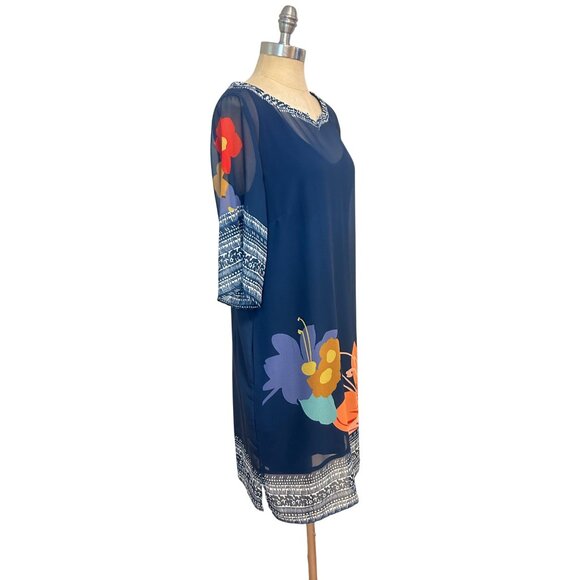 Soft Surroundings 2 PC Hibiscus Floral Blue Dress with Short Sleeves Medium - Picture 3 of 5